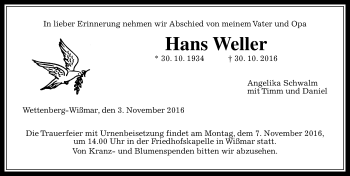 Traueranzeige von Hans Weller von  Gießener Anzeiger