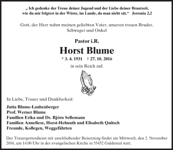 Traueranzeige von Horst Blume von Trauerportal Rhein Main Presse