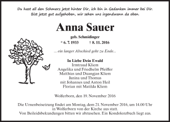 Traueranzeige von Anna Sauer von  Kreisanzeiger