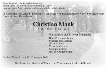 Traueranzeige von Christian Mank von  Gießener Anzeiger