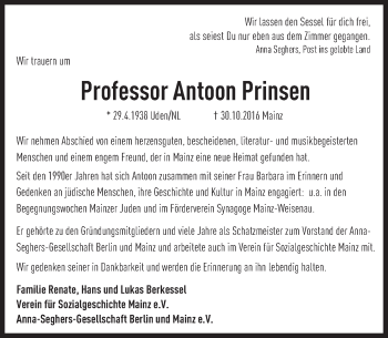 Traueranzeige von Antoon Prinsen von Trauerportal Rhein Main Presse