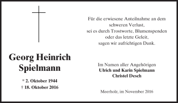Traueranzeige von Georg Heinrich Spielmann von  Gelnhäuser Tageblatt