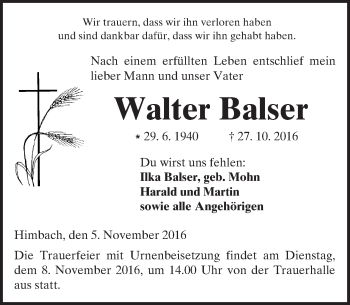 Traueranzeige von Walter Balser von  Kreisanzeiger
