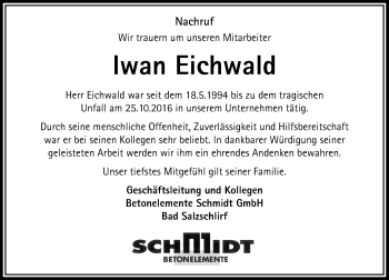 Traueranzeige von Iwan Eichwald von VRM Trauer