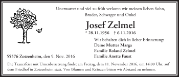 Traueranzeige von Josef Zelmel von Trauerportal Rhein Main Presse