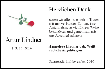Traueranzeige von Artur Lindner von Trauerportal Echo Online