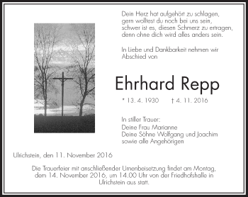 Traueranzeige von Ehrhard Repp von VRM Trauer