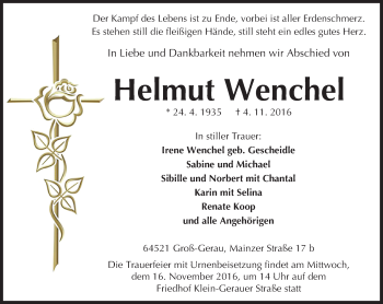 Traueranzeige von Helmut Wenchel von Trauerportal Echo Online
