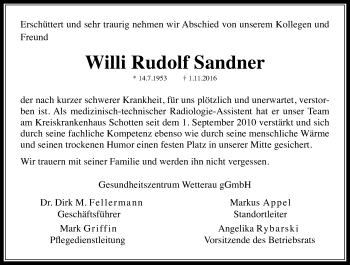 Traueranzeige von Willi Rudolf Sandner von  Kreisanzeiger
