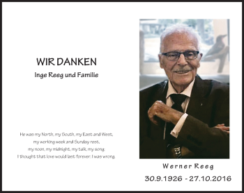 Traueranzeige von Werner Reeg von Trauerportal Rhein Main Presse