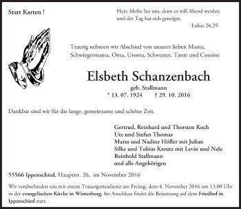 Traueranzeige von Elsbeth Schanzenbach von Trauerportal Rhein Main Presse