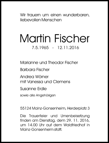 Traueranzeige von Martin Fischer von Trauerportal Rhein Main Presse