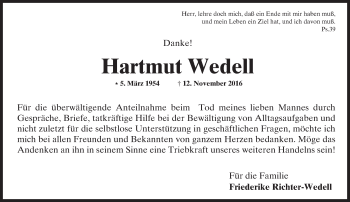 Traueranzeige von Hartmut Wedell von  Usinger Anzeiger