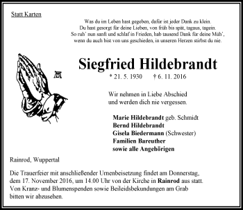 Traueranzeige von Siegfried Hildebrandt von VRM Trauer