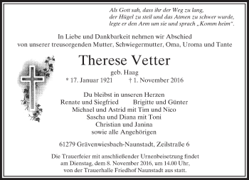 Traueranzeige von Therese Vetter von  Usinger Anzeiger