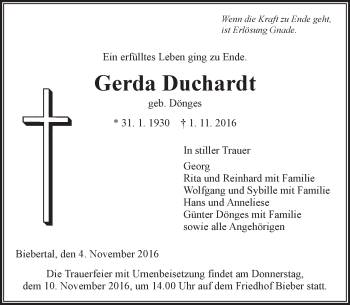 Traueranzeige von Gerda Duchardt von  Gießener Anzeiger
