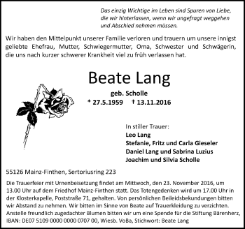 Traueranzeige von Beate Lang von Trauerportal Rhein Main Presse
