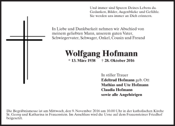 Traueranzeige von Wolfgang Hofmann von Trauerportal Rhein Main Presse