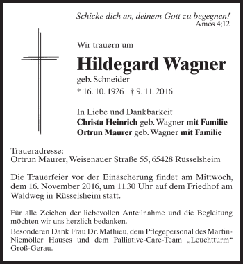 Traueranzeige von Hildegard Wagner von Trauerportal Rhein Main Presse