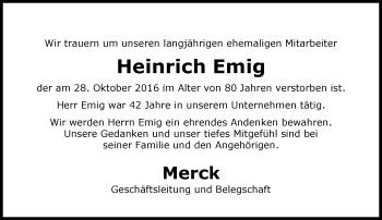 Traueranzeige von Heinrich Emig von Trauerportal Echo Online