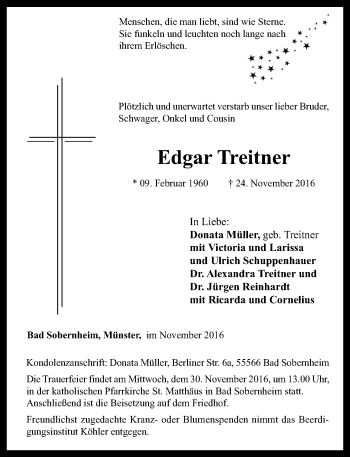 Traueranzeige von Edgar Treitner von Trauerportal Rhein Main Presse