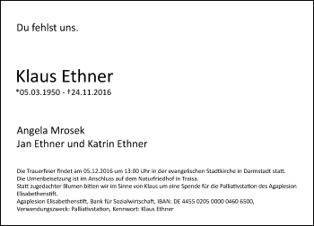 Traueranzeige von Klaus Ethner von Trauerportal Echo Online