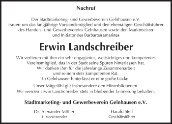 Traueranzeige von Erwin Landschreiber von  Gelnhäuser Tageblatt