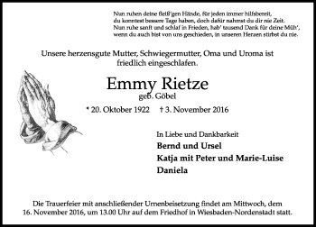 Traueranzeige von Emmy Rietze von Trauerportal Rhein Main Presse