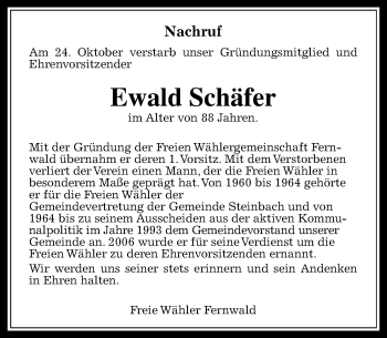 Traueranzeige von Ewald Schäfer von  Gießener Anzeiger