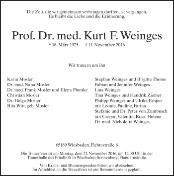 Traueranzeige von Kurt F. Weinges von Trauerportal Rhein Main Presse