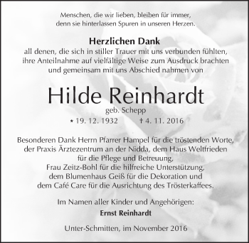 Traueranzeige von Hilde Reinhardt von  Kreisanzeiger