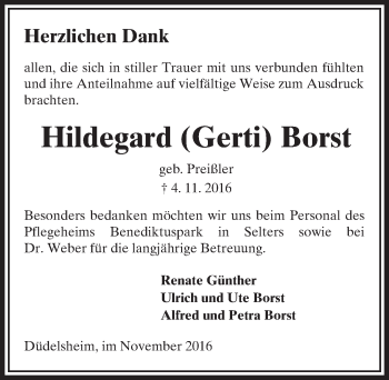 Traueranzeige von Hildegard Borst von  Kreisanzeiger