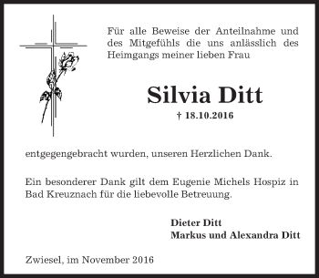Traueranzeige von Silvia Ditt von Trauerportal Rhein Main Presse