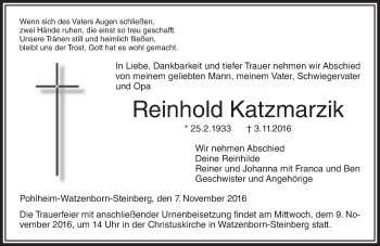 Traueranzeige von Reinhold Katzmarzik von  Gießener Anzeiger