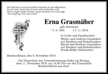 Traueranzeige von Erna Grasmäher von  Gießener Anzeiger