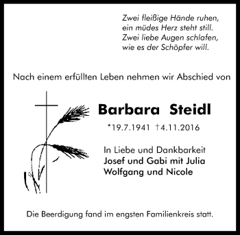 Traueranzeige von Barbara Steidl von Trauerportal Echo Online