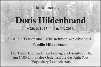 Traueranzeige von Doris Hildenbrand von  Kreisanzeiger
