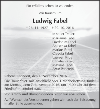 Traueranzeige von Ludwig Fabel von  Gießener Anzeiger