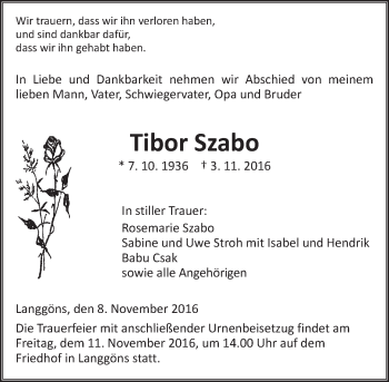 Traueranzeige von Tibor Szabo von  Gießener Anzeiger