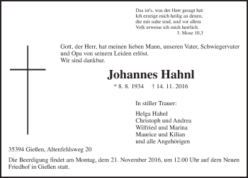 Traueranzeige von Johannes Hahnl von  Gießener Anzeiger