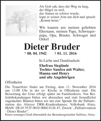 Traueranzeige von Dieter Bruder von Trauerportal Rhein Main Presse