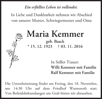 Traueranzeige von Maria Kemmer von Trauerportal Rhein Main Presse