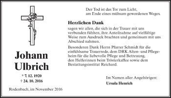 Traueranzeige von Johann Ulbrich von  Kreisanzeiger