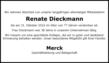Traueranzeige von Renate Dieckmann von Trauerportal Echo Online