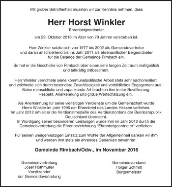 Traueranzeige von Horst Winkler von Trauerportal Echo Online