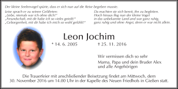 Traueranzeige von Leon Jochim von  Gießener Anzeiger