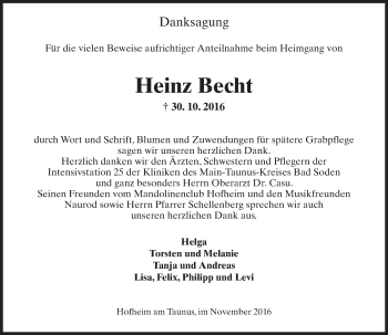 Traueranzeige von Heinz Becht von Trauerportal Rhein Main Presse