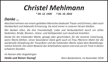 Traueranzeige von Christel Mehlmann von Trauerportal Rhein Main Presse