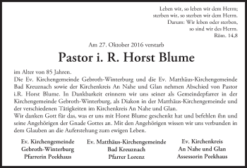 Traueranzeige von Horst Blume von Trauerportal Rhein Main Presse