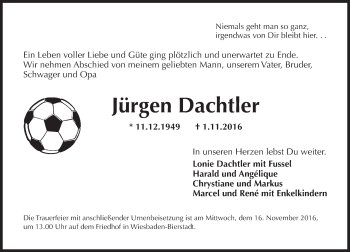 Traueranzeige von Jürgen Dachtler von Trauerportal Rhein Main Presse